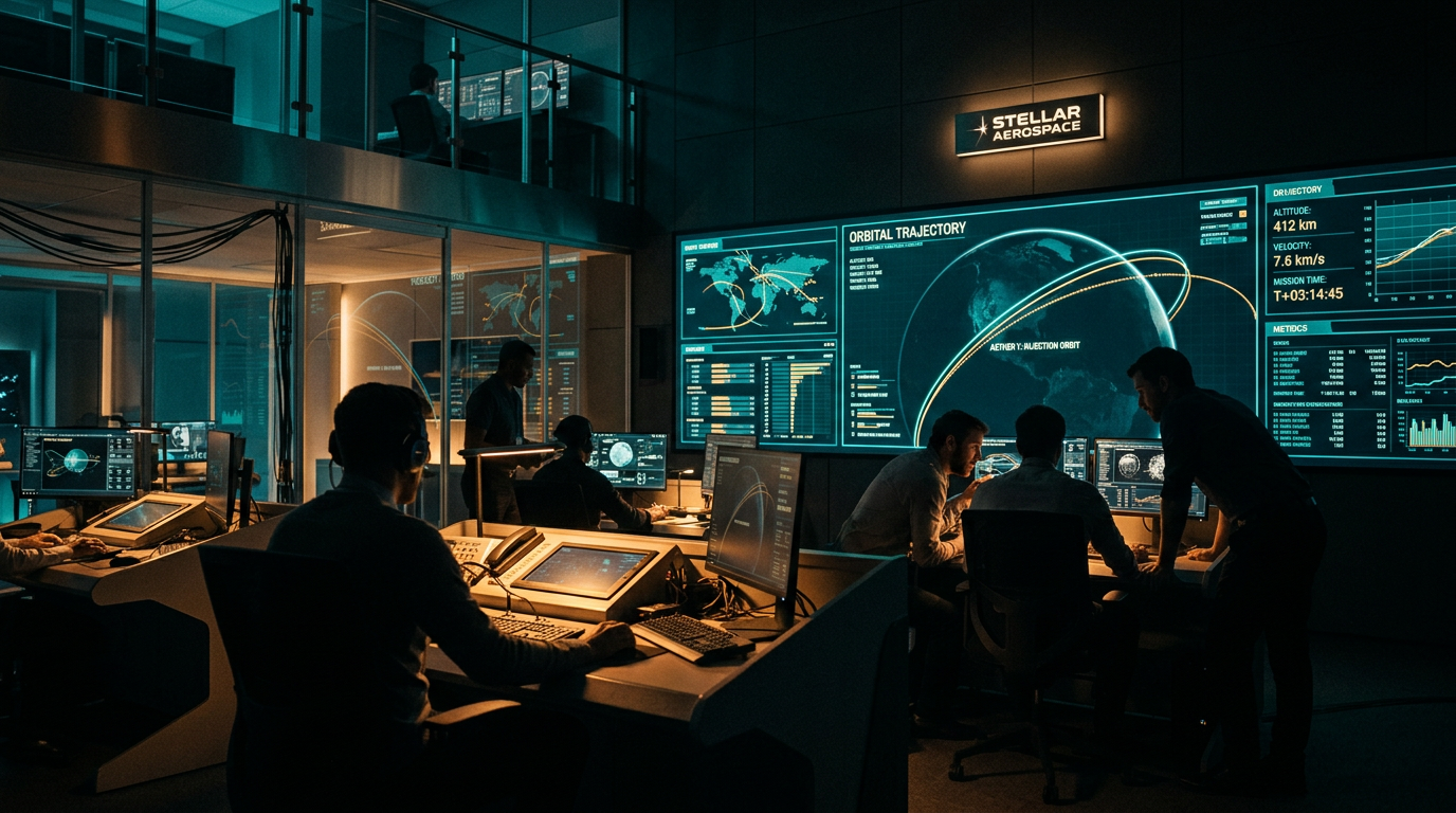 Mission control room with glowing screens